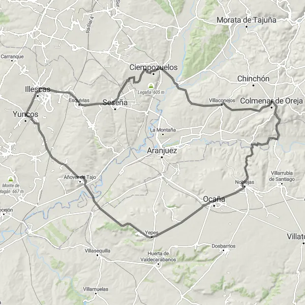 Map miniature of "Road Route: Legendary Climbs and Historic Towns" cycling inspiration in Castilla-La Mancha, Spain. Generated by Tarmacs.app cycling route planner