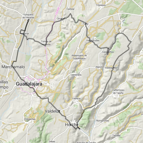 Map miniature of "Alcarria Challenge" cycling inspiration in Castilla-La Mancha, Spain. Generated by Tarmacs.app cycling route planner