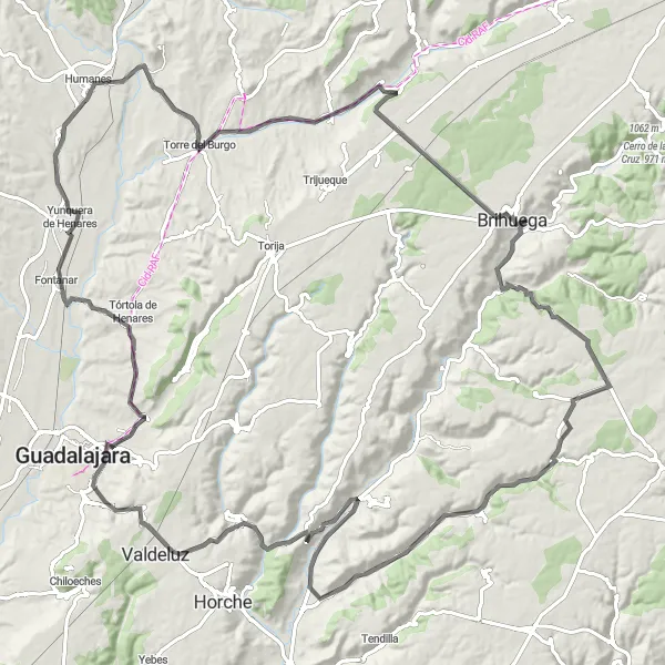 Map miniature of "La Muela Road Adventure" cycling inspiration in Castilla-La Mancha, Spain. Generated by Tarmacs.app cycling route planner