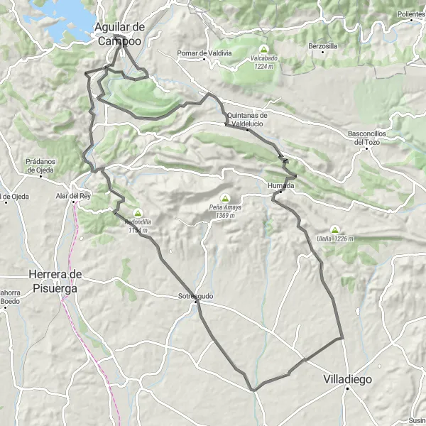 Miniatuurkaart van de fietsinspiratie "Aguilar de Campoo - La Rebolleda - Pico de Fuentefría" in Castilla y León, Spain. Gemaakt door de Tarmacs.app fietsrouteplanner