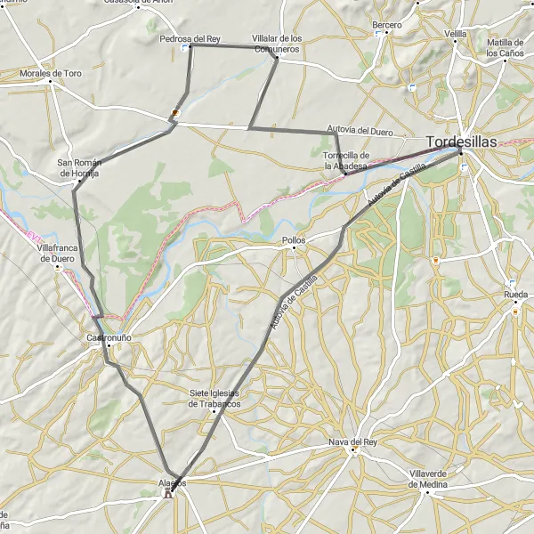 Miniatua del mapa de inspiración ciclista "Ruta en bicicleta de carretera desde Alaejos" en Castilla y León, Spain. Generado por Tarmacs.app planificador de rutas ciclistas