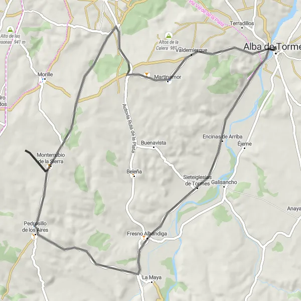 Map miniature of "Scenic Route through Alba de Tormes" cycling inspiration in Castilla y León, Spain. Generated by Tarmacs.app cycling route planner