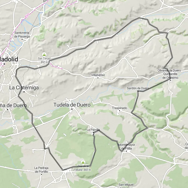 Miniaturekort af cykelinspirationen "Rundtur på landevej fra Aldeamayor de San Martín (alternativ rute)" i Castilla y León, Spain. Genereret af Tarmacs.app cykelruteplanlægger