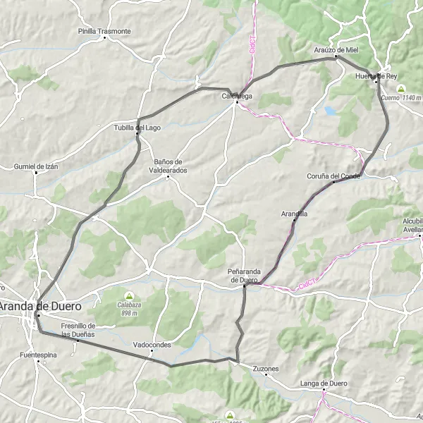 Miniatura mapy "Trasa szosowa Aranda de Duero-Tubilla del Lago-Mirador del Castillo-San Cristóbal-Huerta de Rey-Coruña del Conde-Peñaranda de Duero-Costalago-Fresnillo de las Dueñas" - trasy rowerowej w Castilla y León, Spain. Wygenerowane przez planer tras rowerowych Tarmacs.app