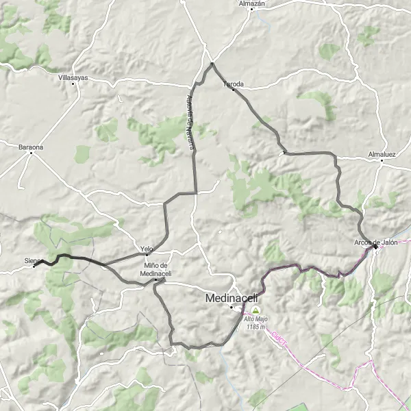 Miniatua del mapa de inspiración ciclista "Ruta en Carretera Castillo de Arcos de Jalón" en Castilla y León, Spain. Generado por Tarmacs.app planificador de rutas ciclistas