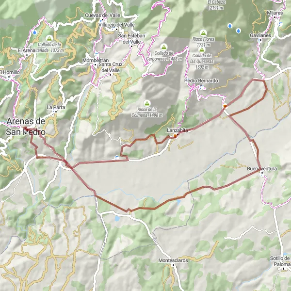 Map miniature of "Arenas de San Pedro - Palacio de la Mosquera - Ramacastañas - Hontanares - Buenaventura - Lanzahíta - Arenas de San Pedro" cycling inspiration in Castilla y León, Spain. Generated by Tarmacs.app cycling route planner