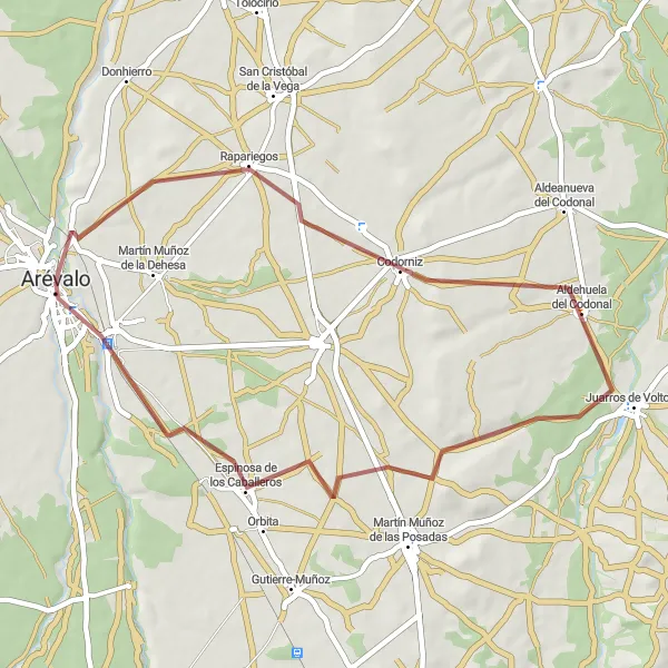 Map miniature of "Gravel route from Arévalo to Rapariegos" cycling inspiration in Castilla y León, Spain. Generated by Tarmacs.app cycling route planner