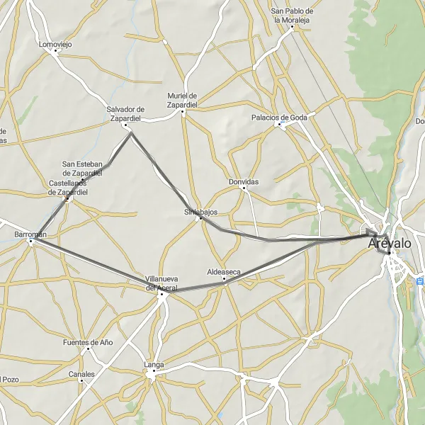 Map miniature of "Road route from Arévalo to Aldeaseca" cycling inspiration in Castilla y León, Spain. Generated by Tarmacs.app cycling route planner