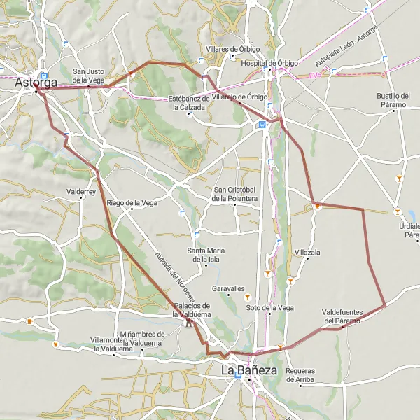 Miniatua del mapa de inspiración ciclista "Ruta alrededor de Astorga - Grava" en Castilla y León, Spain. Generado por Tarmacs.app planificador de rutas ciclistas