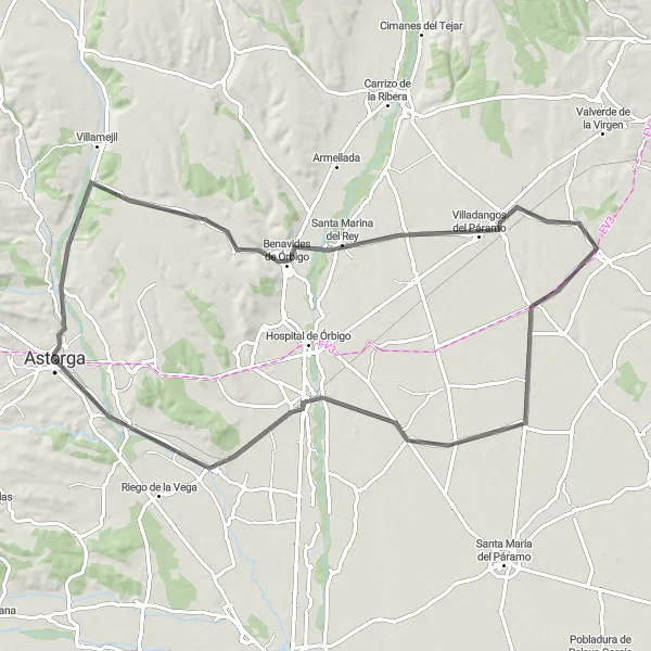 Map miniature of "Astorga and Beyond" cycling inspiration in Castilla y León, Spain. Generated by Tarmacs.app cycling route planner