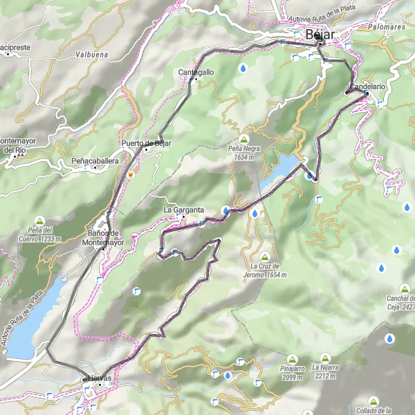 Map miniature of "Bejar to Hervas Road Route" cycling inspiration in Castilla y León, Spain. Generated by Tarmacs.app cycling route planner