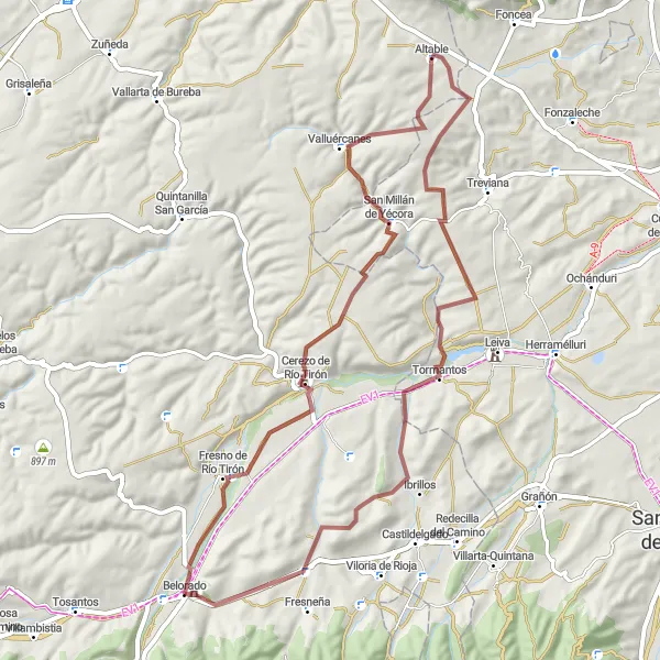 Map miniature of "Belorado Tormantos Cerezo de Río Tirón" cycling inspiration in Castilla y León, Spain. Generated by Tarmacs.app cycling route planner