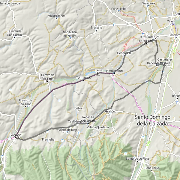Miniatua del mapa de inspiración ciclista "Otra ruta en bicicleta de carretera cerca de Belorado" en Castilla y León, Spain. Generado por Tarmacs.app planificador de rutas ciclistas
