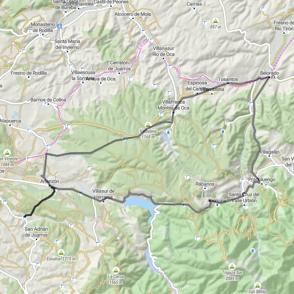Miniatua del mapa de inspiración ciclista "Ruta en bicicleta de carretera cerca de Belorado" en Castilla y León, Spain. Generado por Tarmacs.app planificador de rutas ciclistas