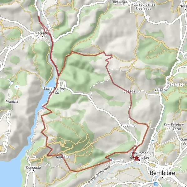 Miniatura mapy "Trasa Gravel wokół Bembibre" - trasy rowerowej w Castilla y León, Spain. Wygenerowane przez planer tras rowerowych Tarmacs.app