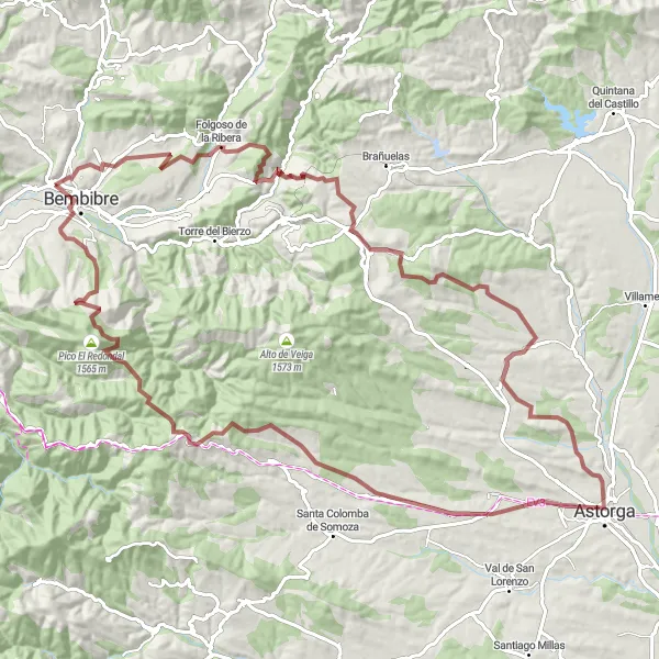 Miniatuurkaart van de fietsinspiratie "Gravelroute van Bembibre naar Santa Catalina" in Castilla y León, Spain. Gemaakt door de Tarmacs.app fietsrouteplanner