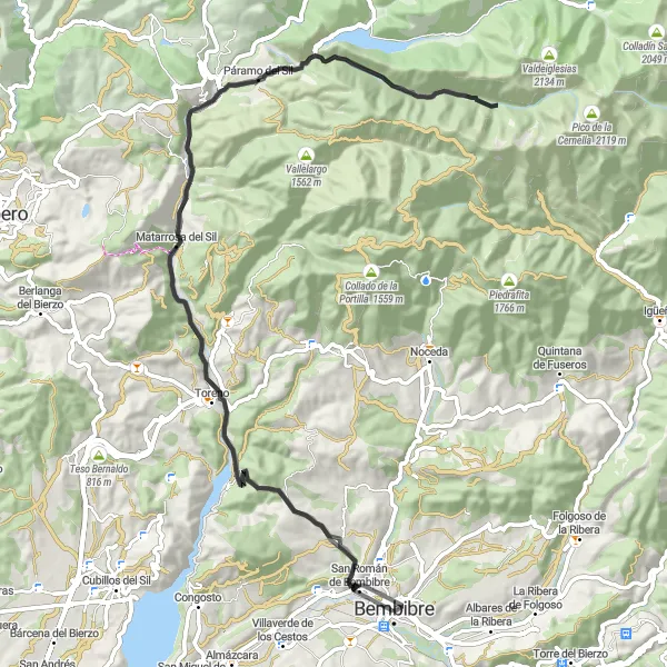 Miniatura mapy "Trasa rowerowa Road z Bembibre: Malownicze wsie i urozmaicone tereny" - trasy rowerowej w Castilla y León, Spain. Wygenerowane przez planer tras rowerowych Tarmacs.app