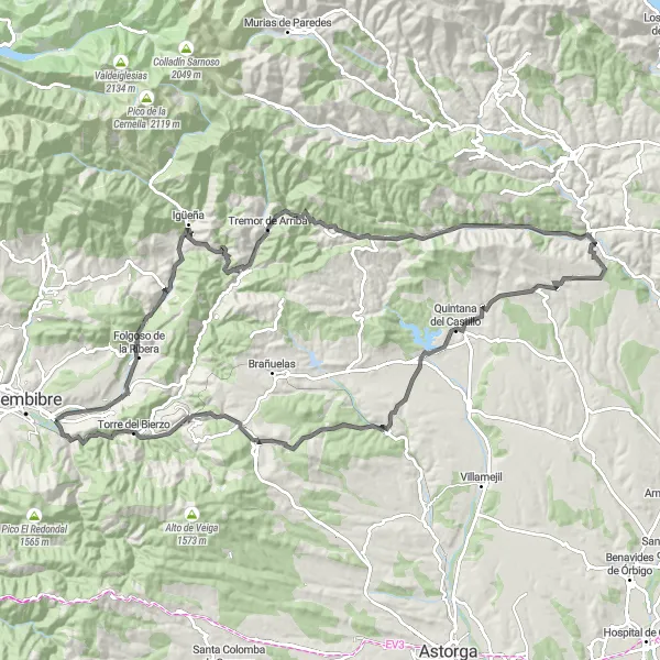 Miniatuurkaart van de fietsinspiratie "Avontuurlijke fietstocht naar Torre del Bierzo" in Castilla y León, Spain. Gemaakt door de Tarmacs.app fietsrouteplanner