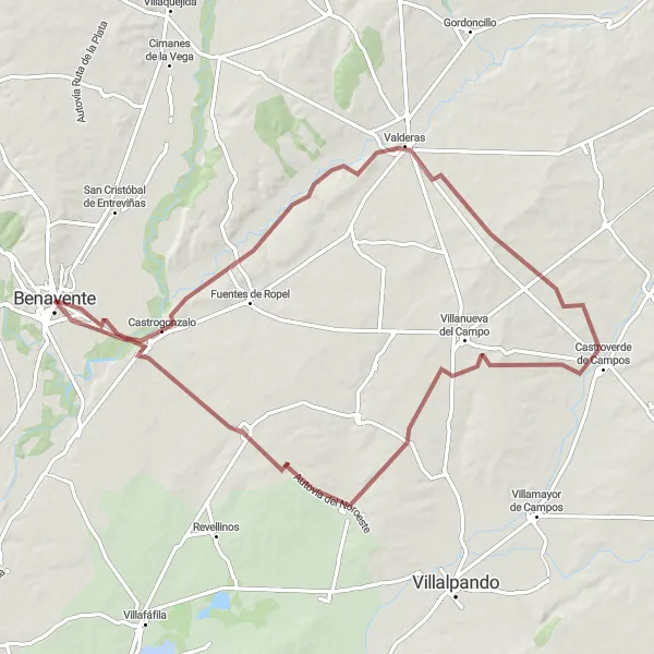 Map miniature of "Benavente - Castrogonzalo - Valderas - Castroverde de Campos - Cerecinos de Campos - Benavente" cycling inspiration in Castilla y León, Spain. Generated by Tarmacs.app cycling route planner