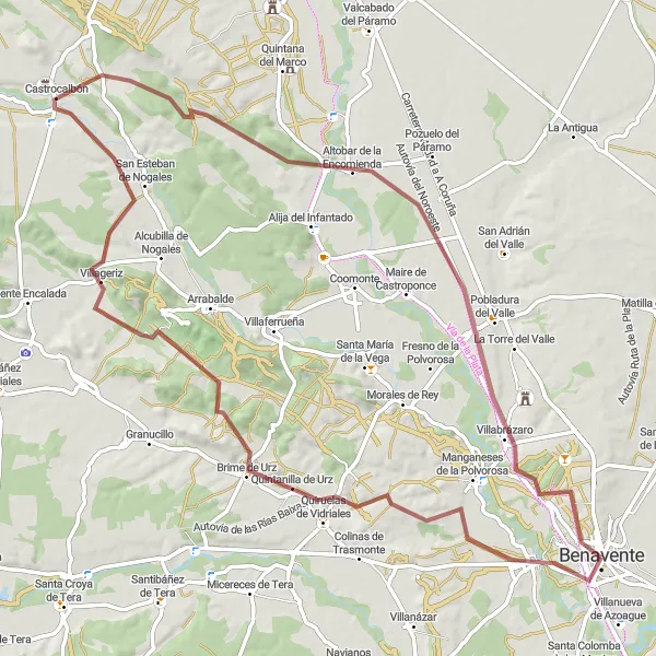 Map miniature of "Benavente - Quiruelas de Vidriales - Villageriz - Castrocalbón - La Nora del Río - Villabrázaro - Benavente" cycling inspiration in Castilla y León, Spain. Generated by Tarmacs.app cycling route planner
