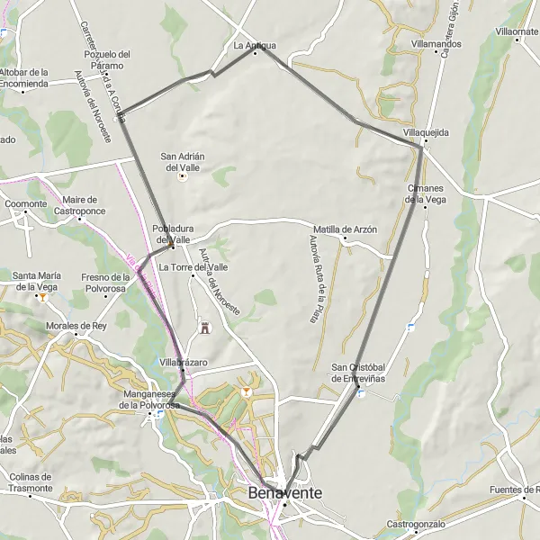 Map miniature of "Cycling adventure to Villabrázaro and Grajal de Ribera" cycling inspiration in Castilla y León, Spain. Generated by Tarmacs.app cycling route planner