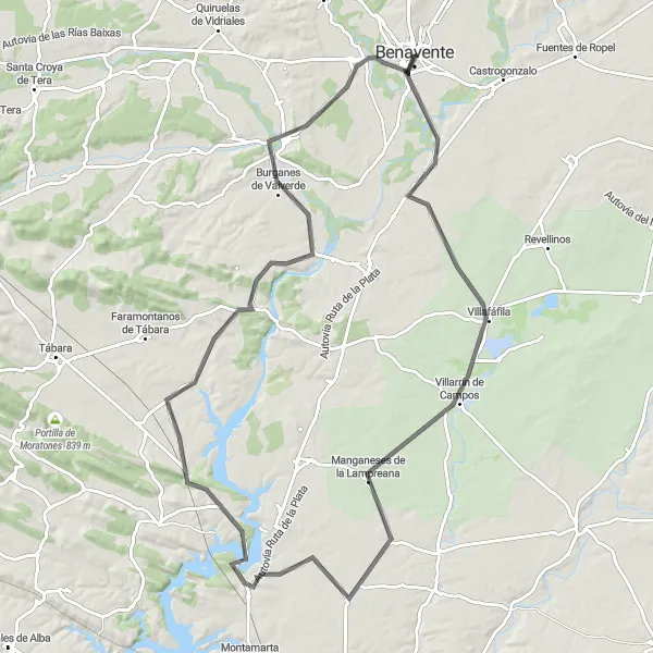 Map miniature of "Challenging route through Barcial del Barco and Manganeses de la Lampreana" cycling inspiration in Castilla y León, Spain. Generated by Tarmacs.app cycling route planner