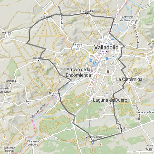 Map miniature of "Road to Villanubla" cycling inspiration in Castilla y León, Spain. Generated by Tarmacs.app cycling route planner