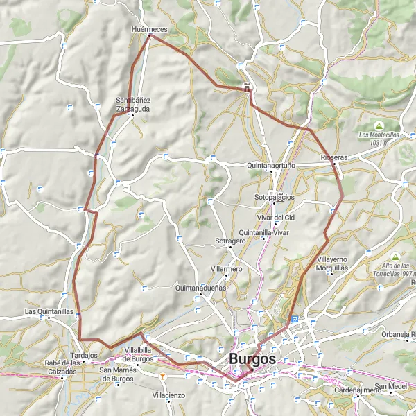 Miniatua del mapa de inspiración ciclista "Recorrido en bicicleta de gravel cerca de Burgos" en Castilla y León, Spain. Generado por Tarmacs.app planificador de rutas ciclistas