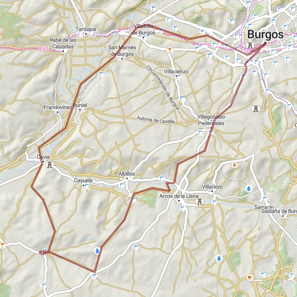 Map miniature of "Scenic Gravel Route from Burgos to Albillos" cycling inspiration in Castilla y León, Spain. Generated by Tarmacs.app cycling route planner