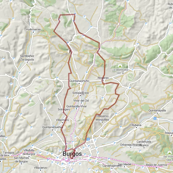 Miniatua del mapa de inspiración ciclista "Ruta en bicicleta de gravel desde Burgos" en Castilla y León, Spain. Generado por Tarmacs.app planificador de rutas ciclistas