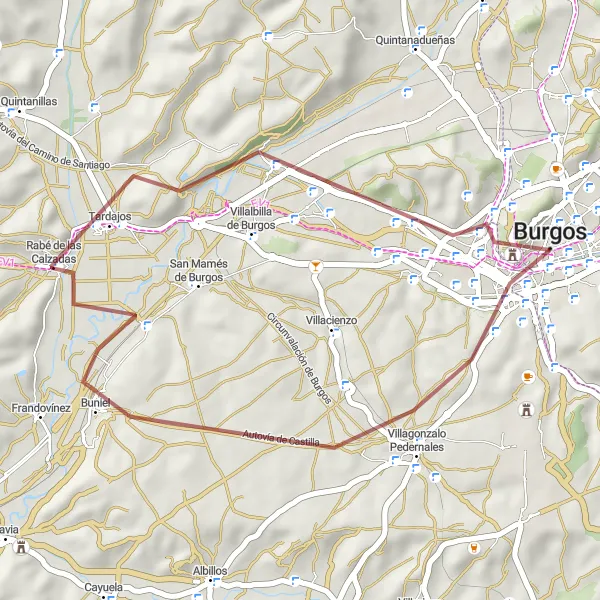 Map miniature of "Burgos Gravel Adventure" cycling inspiration in Castilla y León, Spain. Generated by Tarmacs.app cycling route planner