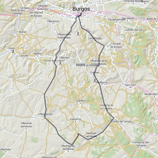 Miniatua del mapa de inspiración ciclista "Travesía en bicicleta de carretera cerca de Burgos" en Castilla y León, Spain. Generado por Tarmacs.app planificador de rutas ciclistas