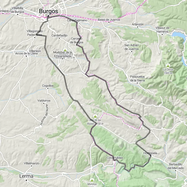 Map miniature of "Burgos and Covarrubias Road Adventure" cycling inspiration in Castilla y León, Spain. Generated by Tarmacs.app cycling route planner