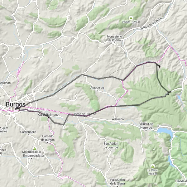 Miniatua del mapa de inspiración ciclista "Ruta en bicicleta de carretera desde Burgos" en Castilla y León, Spain. Generado por Tarmacs.app planificador de rutas ciclistas