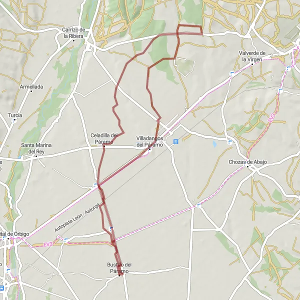 Miniatua del mapa de inspiración ciclista "Ruta de ciclismo de gravilla desde Bustillo del Páramo" en Castilla y León, Spain. Generado por Tarmacs.app planificador de rutas ciclistas