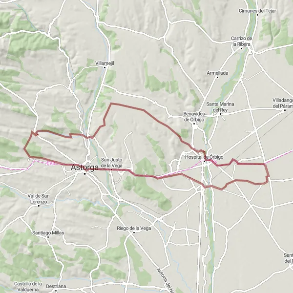 Miniatuurkaart van de fietsinspiratie "Bustillo del Páramo - Puente del Paso Honroso - Bustillo del Páramo" in Castilla y León, Spain. Gemaakt door de Tarmacs.app fietsrouteplanner