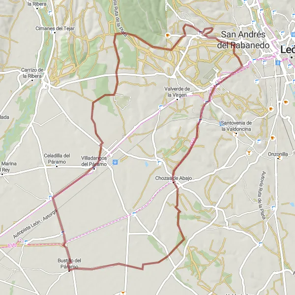 Miniatura mapy "Przejażdżka gravelowa po okolicach Bustillo del Páramo" - trasy rowerowej w Castilla y León, Spain. Wygenerowane przez planer tras rowerowych Tarmacs.app