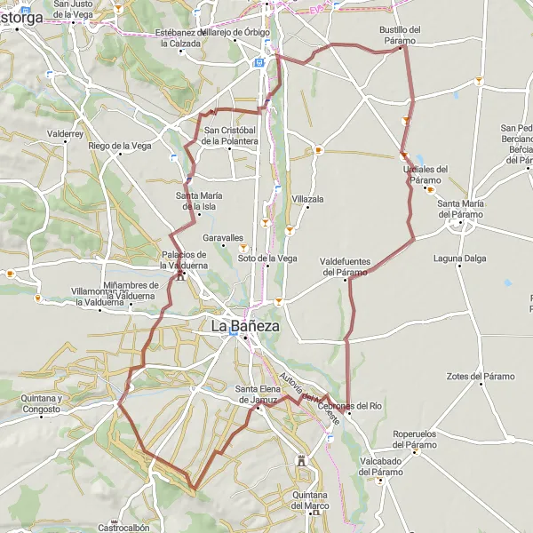 Miniatura mapy "Przejażdżka gravelowa przez okolice Bustillo del Páramo" - trasy rowerowej w Castilla y León, Spain. Wygenerowane przez planer tras rowerowych Tarmacs.app