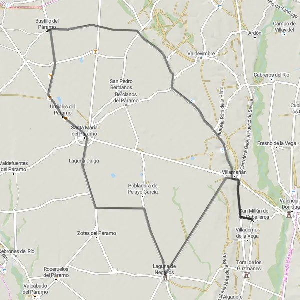 Miniatua del mapa de inspiración ciclista "Ruta de ciclismo de carretera desde Bustillo del Páramo" en Castilla y León, Spain. Generado por Tarmacs.app planificador de rutas ciclistas