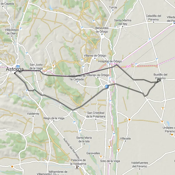 Map miniature of "Astorga's Epic Climb" cycling inspiration in Castilla y León, Spain. Generated by Tarmacs.app cycling route planner