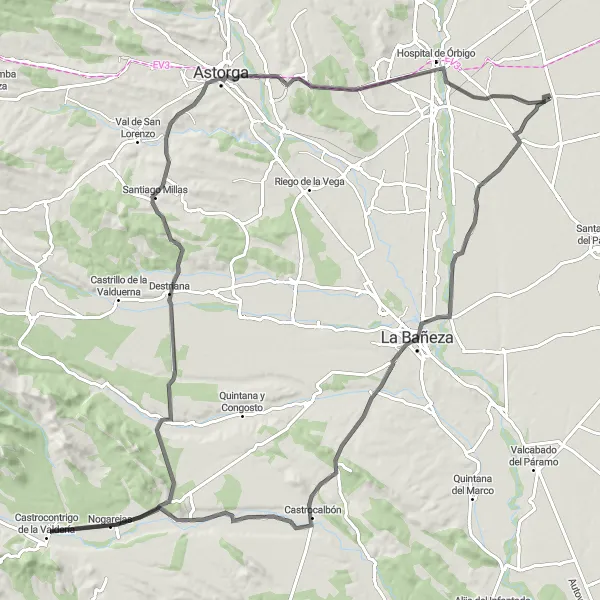 Map miniature of "Road Cycling Adventure near Bustillo del Páramo" cycling inspiration in Castilla y León, Spain. Generated by Tarmacs.app cycling route planner