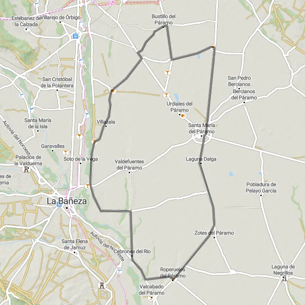 Map miniature of "Road Cycling Journey from Bustillo del Páramo" cycling inspiration in Castilla y León, Spain. Generated by Tarmacs.app cycling route planner