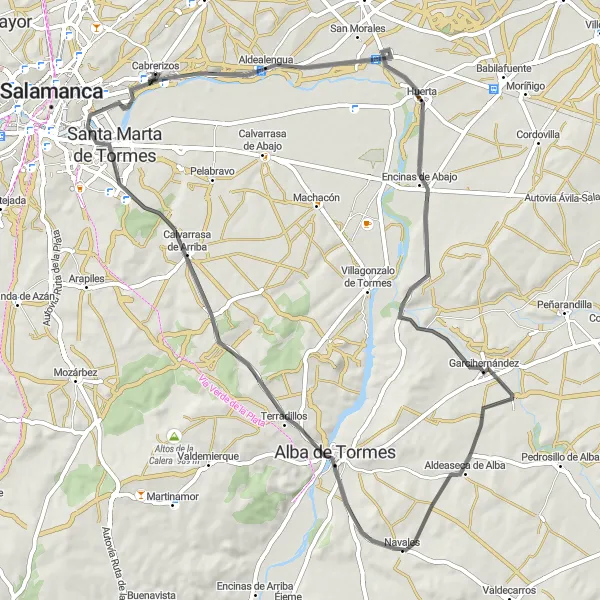 Miniatua del mapa de inspiración ciclista "Ruta Escénica de Cabrerizos" en Castilla y León, Spain. Generado por Tarmacs.app planificador de rutas ciclistas
