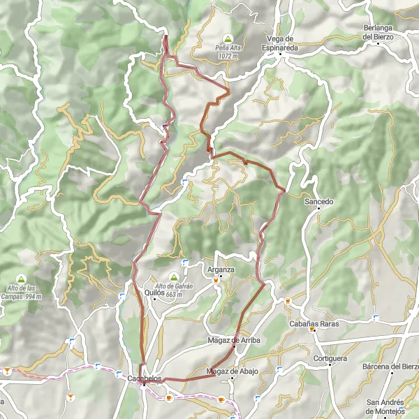 Miniatura mapy "Trasa rowerowa Cacabelos - Teso dos Uceos - San Martín de Moreda - Maisón - Cerro de la Escrita - San Juan de la Mata - Magaz de Abajo - Cacabelos" - trasy rowerowej w Castilla y León, Spain. Wygenerowane przez planer tras rowerowych Tarmacs.app