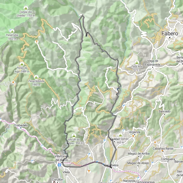 Miniatua del mapa de inspiración ciclista "Ruta de Cacabelos y alrededores en carretera" en Castilla y León, Spain. Generado por Tarmacs.app planificador de rutas ciclistas