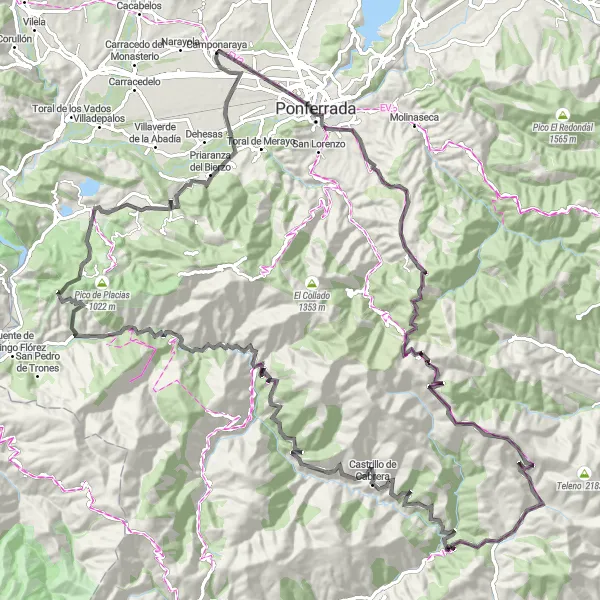 Miniatua del mapa de inspiración ciclista "Ruta en Carretera a Las Médulas" en Castilla y León, Spain. Generado por Tarmacs.app planificador de rutas ciclistas