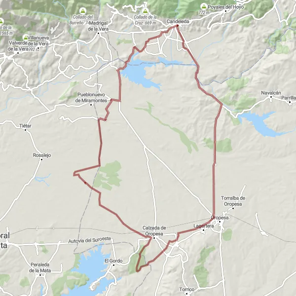 Miniatura mapy "Pojedynczy szlak gravelowy do Calzada de Oropesa" - trasy rowerowej w Castilla y León, Spain. Wygenerowane przez planer tras rowerowych Tarmacs.app
