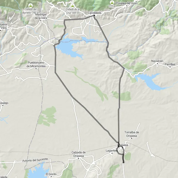 Miniatuurkaart van de fietsinspiratie "Candeleda naar Oropesa en Las Ventas de San Julián" in Castilla y León, Spain. Gemaakt door de Tarmacs.app fietsrouteplanner