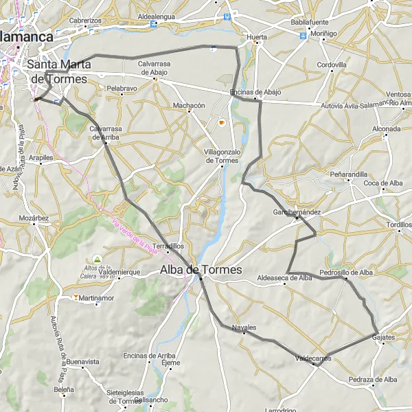 Miniatua del mapa de inspiración ciclista "Ruta hacia Valdecarros y Calvarrasa de Arriba" en Castilla y León, Spain. Generado por Tarmacs.app planificador de rutas ciclistas