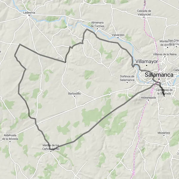 Miniatua del mapa de inspiración ciclista "Ruta en Carretera por la Ribera del Tormes" en Castilla y León, Spain. Generado por Tarmacs.app planificador de rutas ciclistas